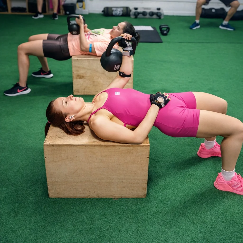 Alunas fazendo elevação de quadril com kettlebell na MC Treinamento Funcional